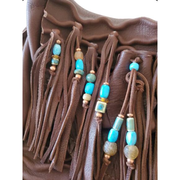 Soft Brown Leather Shoulder Bag Fringe Purse Boho Western Handbag Turquoise SW - Picture 11 of 13
